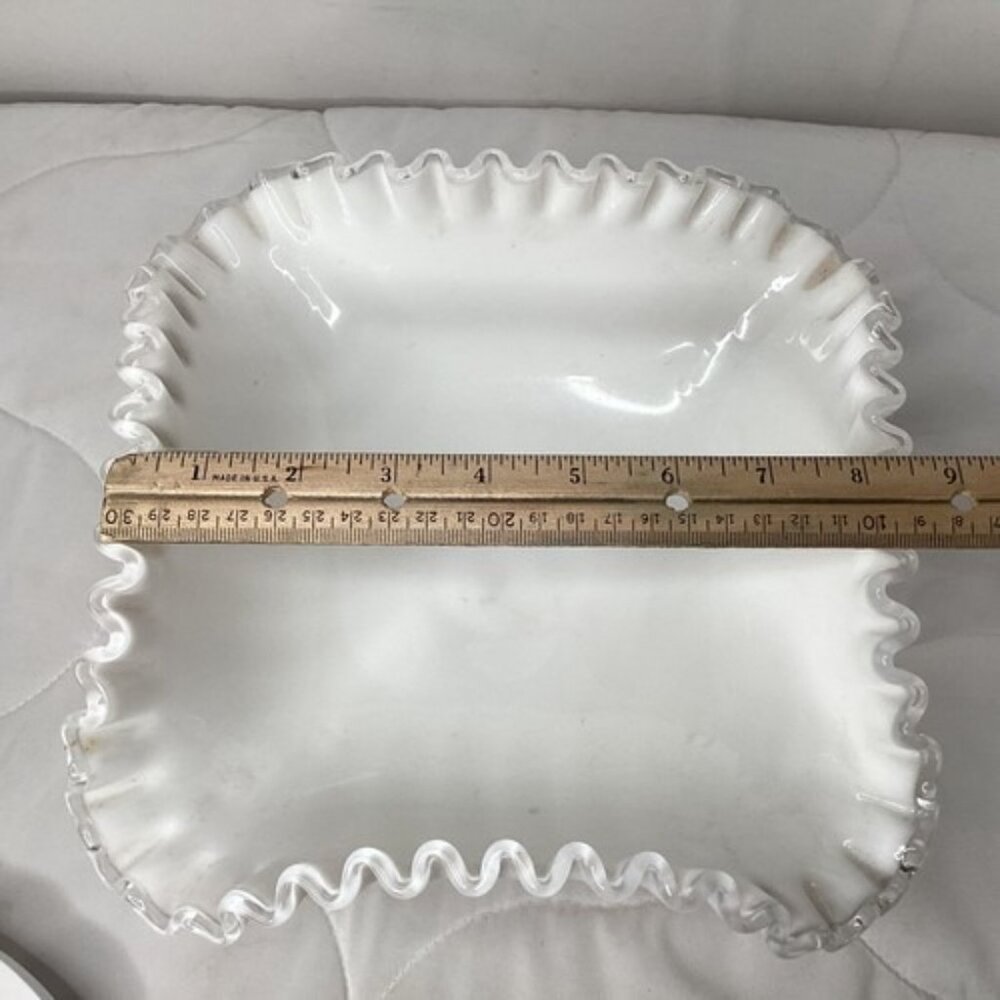 Fenton large square Silver crest white milk glass ruffled footed pedestal bowl - Picture 5 of 5